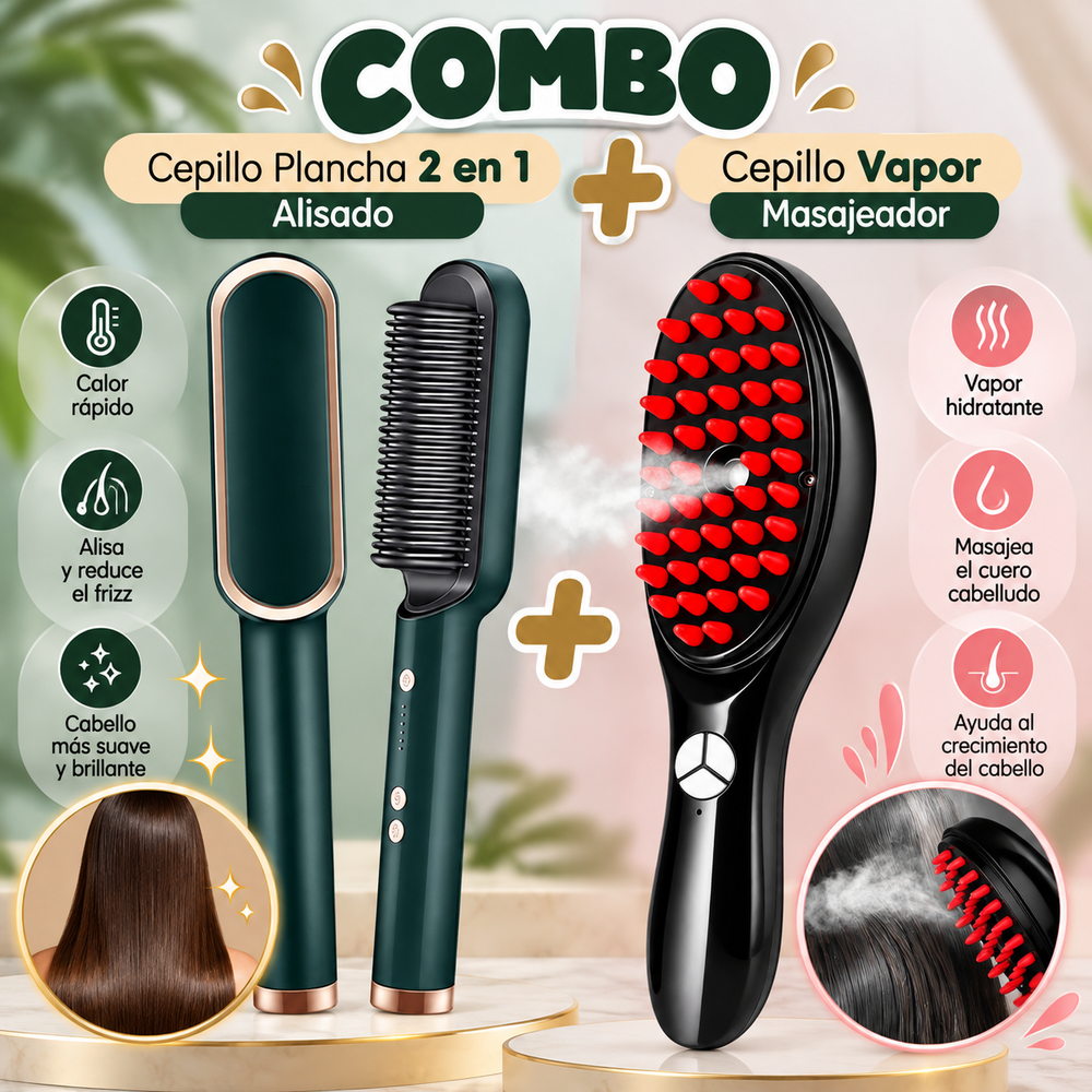 Combo cepillo plancha 2 en 1 y cepillo masajeador 4 en 1